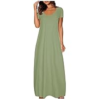 Women Short Sleeve Loose Plain Casual Long Maxi Dresses with Pockets B-Army Green