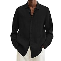 Mens Button Down Shirt Linen Cotton Shirts Comfy Casual Long Sleeve Spread Collar Lightweight Beach Plain Tops