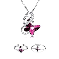 AOBOCO Sterling Silver Infinity Butterfly Necklace & Bracelet & Ring, Crystal from Austria, Butterfly Gifts for Butterfly Lovers, Anniversary Birthday Jewelry Gifts for Women
