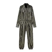 Men Striped Jumpsuits Shiny Lapel Long Sleeve Streetwear Button Rompers Oversize Casual Male Overalls