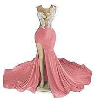 Datangep Velvet High Split Mermaid Evening Dress Trumpet Prom Dress Applique Crystal Celebrity Party Gown Church Train