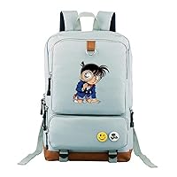 Detective Conan Anime Laptop Backpack Book Bag Work Bag Leather Splicing Rucksack with Pinback Buttons Light Grey /2