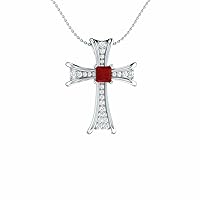 Animas Jewels 1.00 CT Princess Cut Red Ruby and Diamond Religion Cross Pendant 18