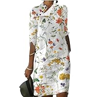 Akivide Womens Cotton Linen Half Sleeve Midi Dress with Pockets 2023 Loose Stand Collar Button Knee Length Linen Shift Dress