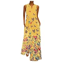 Lenago Summer Dresses for Women 2024, Spring Maxi Dress, Sleeveless V Neck Retro Boho Casual Loose Sundresses with Pockets