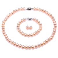 JYX Pearl Necklace Set AA+ Quality 8-9mm Pink Flat Round Cultured Freshwater Pearl Necklace Bracelet and Earrings Set