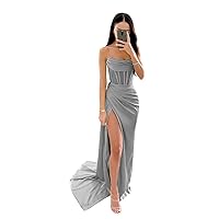 Simple Satin Bridesmaid Dresses for Wedding Strapless Mermaid Prom Dresses Long with Slit Corset Formal Evening Gowns