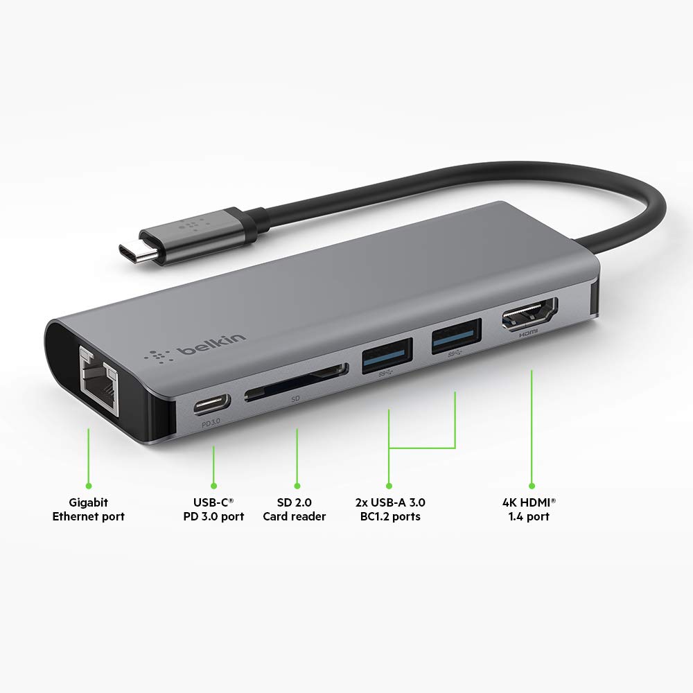 Belkin USB C Hub, 6-in-1 MultiPort Adapter Dock with 4K HDMI, USB-C 100W PD Pass-Through Charging, 2 x USB A, Gigabit Ethernet Ports and SD Slot for MacBook Pro, Air, iPad Pro, XPS and More