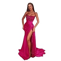 Tsbridal Glitter Sequin Prom Dresses Satin Mermaid Slit Bridesmaid Dress Sparkly Stretch Long Formal Wedding Gown with Train