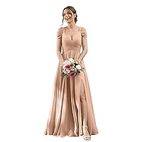 Off The Shoulder Bridesmaid Dresses with Pockets Long Slit Chiffon Ruched Formal Evening Gowns