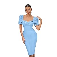 Unique Luxury Women Evening Gown Dress Blue Square Neck Puff Sleeve Pencil Bodycon Party Club Dress