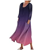 Women's Summer 3/4 Sleeve Loose Maxi Dresses Casual Floral T-Shirt Dress Flowy Beach Sundress with Pockets
