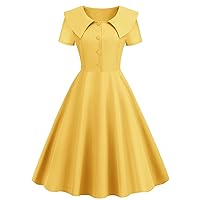 Women's Vintage 1950s Cocktail Party Dress Short Sleeve Lapel Button Down Rockabilly Pinup Audrey Hepburn Dresses