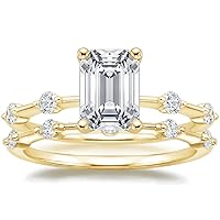 Moissanite Engagement Ring Set with 4CT Emerald Cut Stones, Yellow Gold Band