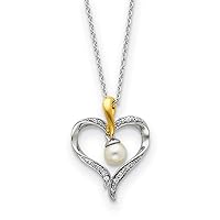 925 Sterling Silver Polished Spring Ring Accent gold plating Freshwater Cultured Pearl Love Heart Necklace 18 Inch Jewelry for Women
