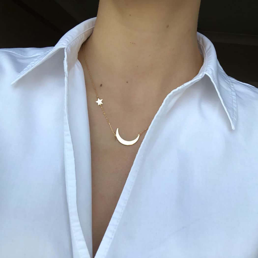 Tasiso Dainty Moon and Star Pendant Necklace for Women 14K Gold Crescent Moon Long Necklace Delicate Tiny Star Charm Necklace Minimalist Jewelry