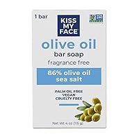 Kiss My Face Olive Oil Fragrance Free Bar Soap - Moisturizing Bar Soap - Cruelty Free Vegan Soap - Palm Oil Free - 4 oz Per Bar, 1 Pack (Packaging May Vary)