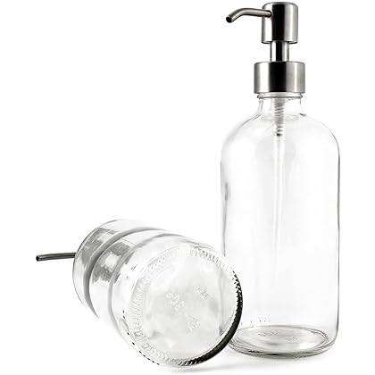 Cornucopia 16-Ounce Clear Glass Boston Round Bottles w/Stainless Steel Pumps (2 Pack), Soap Dispenser Great for Essential Oils, Lotions, Liquid Soaps