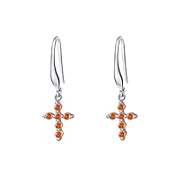New Simple 14k Gold Over .925 Sterling Silver Cross Charm Orange Sapphire Hook Dangle Drop Earrings For Women Lady