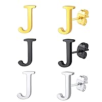 FindChic Allergy Free Initial Earrings 3 Pairs Stud Earrings Set, 18K Gold Plated/Stainless Steel/Black Alphabet A to Z Letter Studs Pack (with Gift Box)
