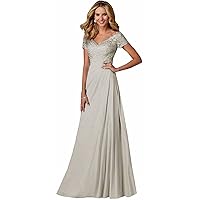 Lace Chiffon Mother of The Bride Dresses Short Sleeve V Neck Ruched Long Formal Evening Gowns Party Dresses LYQ53