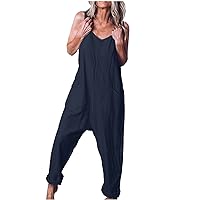Women's Loose Sleeveless Jumpsuits Adjustable Spaghetti Strap Stretchy Long Wide Leg Pant Romper Jumpsuit with Pockets