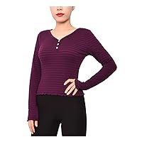 Womens Purple Stretch Ribbed Scalloped Textured Henley Long Sleeve V Neck Top Juniors L
