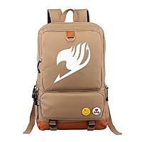 Fairy Tail Anime Laptop Backpack Book Bag Work Bag Leather Splicing Rucksack with Pinback Buttons Beige