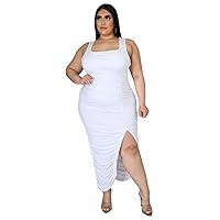 Women Summer Casual T Shirt Dresses Beach Plain Pleated Tank Dress Sleeveless Sexy Slit Plus Size Wrap Dress White