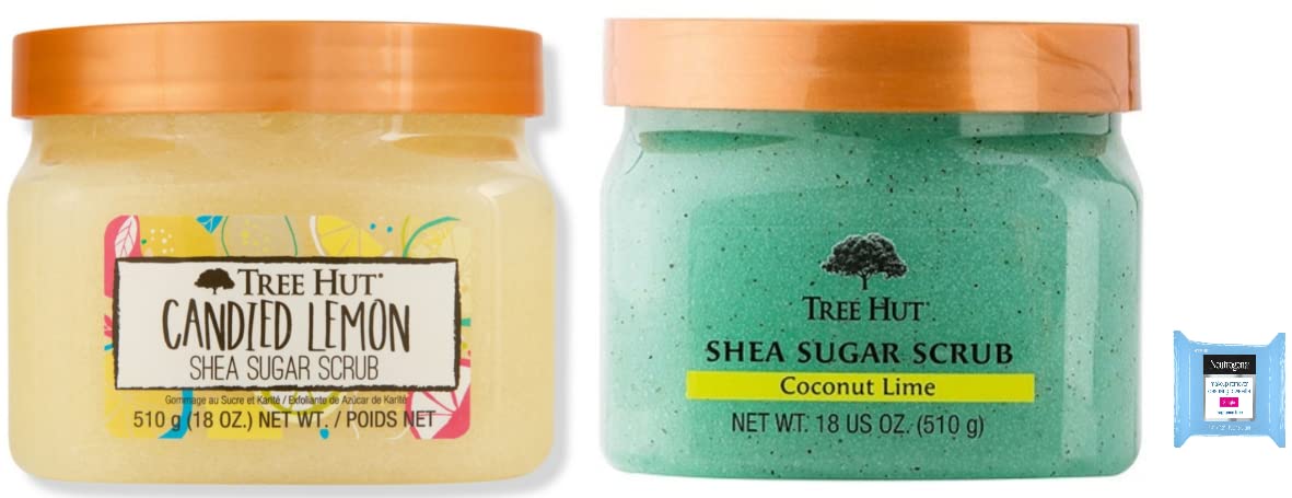 Tree Hut Shea Sugar Body Scrub Candied Lemon AND Coconut Lime,18oz With Single Makeup Remover Wipe