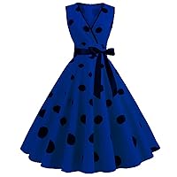 Summer Dresses for Women 2024 Trendy Elegant Polka Dots V Neck Sleeveless Belt Hepburn-Style Cocktail A-Line Dress