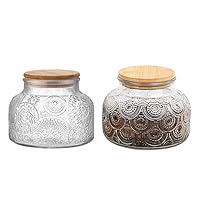 Vintage Embossed Glass Decorative Jar, 25.4 FL OZ Glass Food Storage Containers with Bamboo Lid,sugar bowl, Kitchen Containers Cereal Canisters Decorative Jar for Candy Snack Cookies Coffee Tea Nuts A
