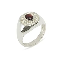 14k White Gold Natural Garnet & Cubic Zirconia Mens Signet Ring - Sizes 6 to 12 Available