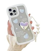 Cute 3D Aesthetic Design Heart with Curly Wave Frame Shape Clear Case for Women Girls with Girly Kawaii Wrist Bracelet Chain Strap Compatible with iPhone Full Protection (iPhone 13, Holographic Heart)