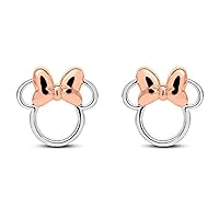 Two Tone Mickey Minnie Mouse Stud Earrings for Womens Girls Push Back 925 Sterling Silver