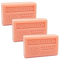 Label Provence Savon de Marseille - French Soap Made With Fresh Organic Donkey Milk - Rose Cotton Fragrance - 125 Gram Bar - Set of 3