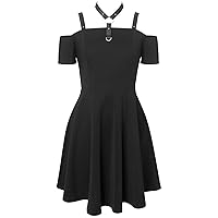Women's Steampunk Gothic Costume Halter Cold Shoulder Short Sleeve Casual Loose Pleated A-Line Dress for Cosplay