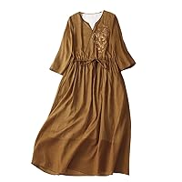 Dress Women Literature Art Vintage Embroidery V-Neck Lace Up Waist Mid Length A-Line Skirts Women's Summer Dress