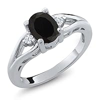 925 Sterling Silver Black Onyx and White Created Sapphire 3 Stone Engagement Ring For Women | 1.33 Cttw | Oval 8X6MM | Round 2MM | Gemstone December Birthstone | Available in Size 5,6,7,8,9