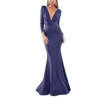 Women's V Neck Mermaid Evening Dresses Satin Long Sleeves Bridesmaid Dress