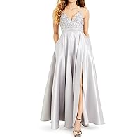 B Darlin Womens Silver Beaded Pocketed Slit Gown Spaghetti Strap V Neck Full-Length Prom Dress Juniors 1