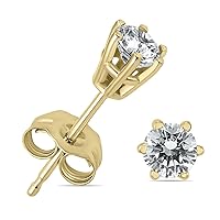 Round Natural Diamond Solitaire 6 Prong Stud Earrings In 14k White or Yellow Gold (1/4ctw - 1ctw)