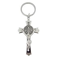 Silver Toned with Black Enamel Accent Saint Benedict Crucifix Key Chain, 3 Inch