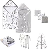 Bundle of Burts Bees Baby Infant Hooded Towels, 2-Pack + Washcloths + Baby Beekeeper Wearable Blanket, A Bee C Cloud, Medium + Baby Boys Pajamas, 2-pk, 12 Months US + Infant Reversible Blankets