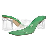 LISHAN Square Open Toe Mules Clear Mid Block Heeled Sandals for Women