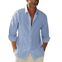Button Down Linen Shirts for Men Casual Long Sleeve Regular Fit Cotton Beach Shirts with Pocket