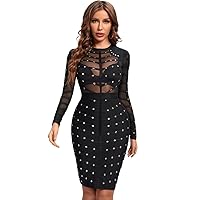 TLULY Dress for Women Studded Mesh See Through Bandage Dress (Color : Black, Size : X-Large)