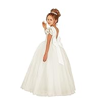 Flower Girls Lace Cap Sleeve Dress for Wedding Puffy Tulle Back V-Neck Pageant Prom Ball Gown with Bow
