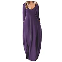 Women's Fall Dresses 2023 Casual Loose Solid Color Long Dress Sexy Deep V Neck Sleeve Dress, S-5XL