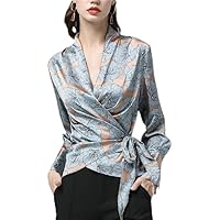 Satin Blouse Rich Peony Flowers Printed V-Neck Long Sleeve Top Blouses with Belt Plus Size Autumn Lady Cardigan